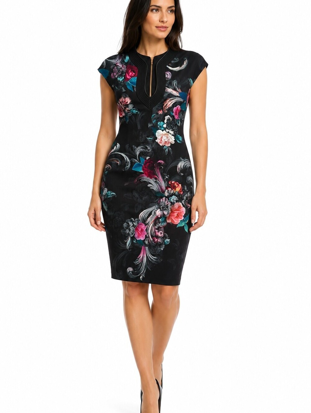 Ted Baker London Black Floral Sheath Midi Dress Women's Cap Sleeve Gold Zip - 3